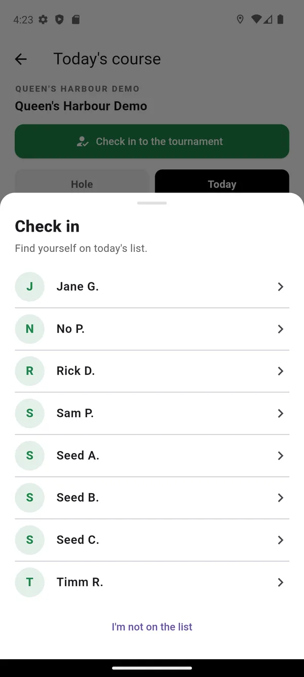 The check-in sheet listing roster names shortened to a first name and last initial, with an I'm not on the list option at the bottom.