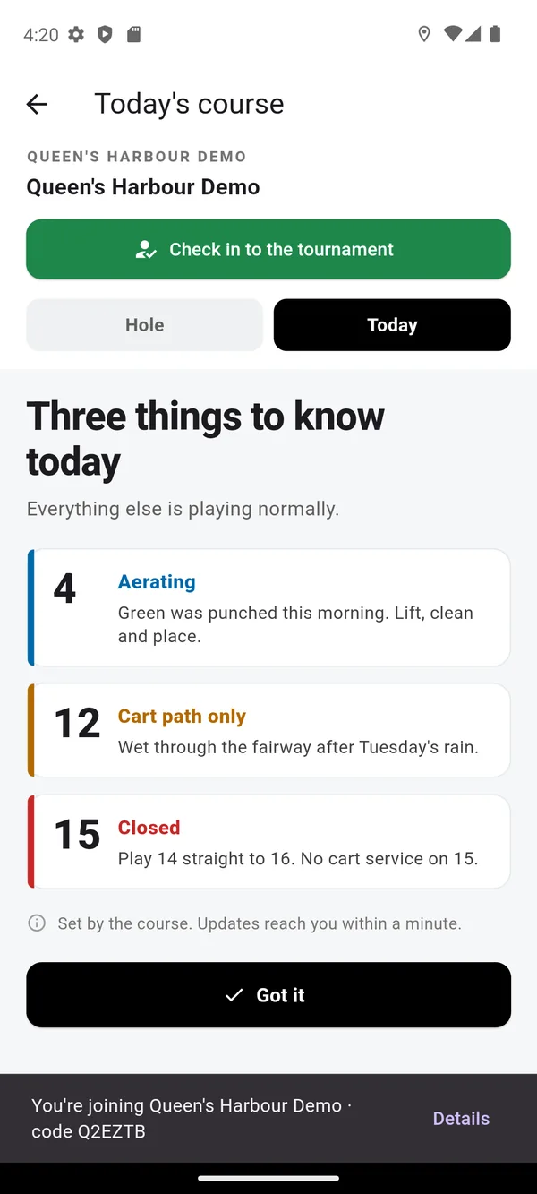 The Today screen headed Three things to know today, listing hole 4 aerating, hole 12 cart path only and hole 15 closed, each with a note from the course.